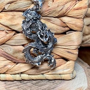 Mythical Dragon, Snake Serpent pendant necklace, on aged silver tone chain.